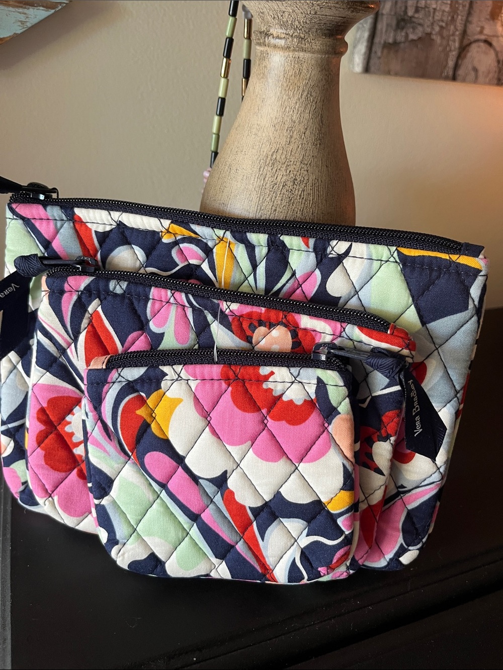 Vera Bradley NEW Mod Paisley Navy Floral Quilted 3pk Cosmetic Pouches